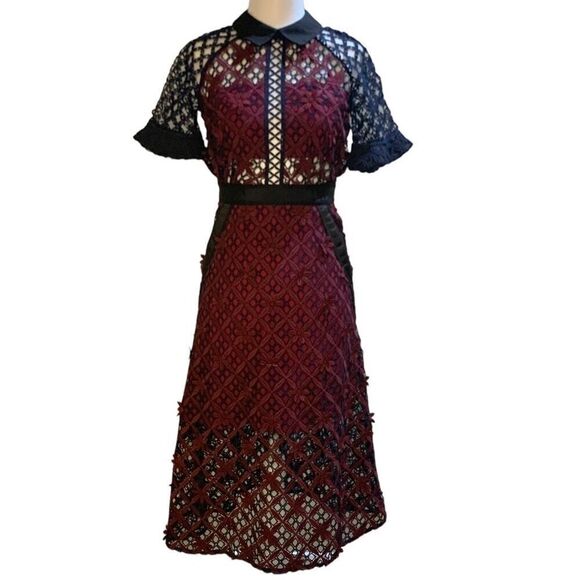 Self-Portrait Floral Grid Midi Dress Lace Collared US 2 UK 6 Extra Small - Picture 2 of 8